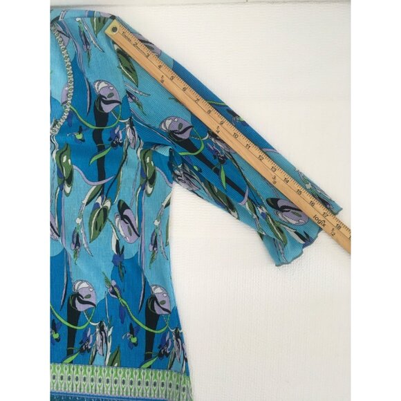 Notations Top Women Size 1X Crinkle Blue Green Black Gray Floral 3/4 Sleeves - Picture 10 of 14